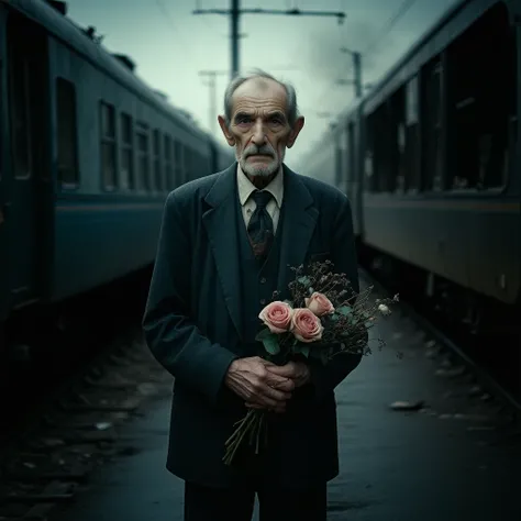 An elderly man in a neat but worn black suit, holding a bouquet of withered roses, standing alone at an old train station at dusk, (hyper-realistic close-up:1.3), (volumetric lighting:1.2), (cinematic atmosphere:1.2), (highly detailed wrinkles and fabric t...