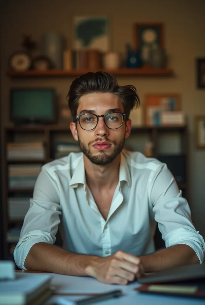 A cinematic portrait photograph of a 20-year-old young man sitting in his cluttered bedroom and home office, surrounded by scattered books, papers, and electronic devices, wearing a pair of brown-framed glasses perched on the bridge of his nose, with slick...