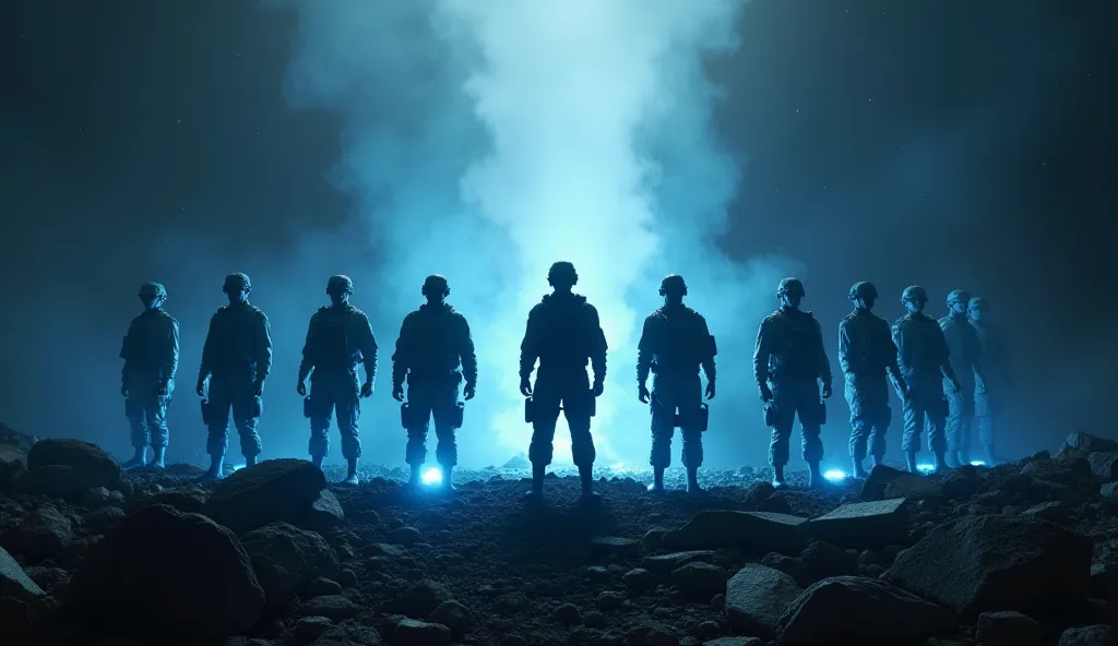 Silhouette of the remaining military forces standing on the rubble with blue energy devices shining in their center, ready to carry out their final plan. High Resolution, Masterpiece, High Details, Textured Skin, 