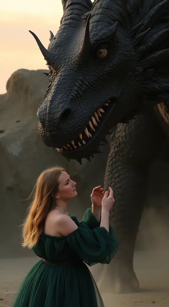 A stunning cinematic fantasy scene in which a young woman with long wavy golden brown hair stands in front of a huge black dragon.
  She gently touches the tip of his muzzle, her muzzle is raised up, and her eyes are full of admiration, awe and deep affect...