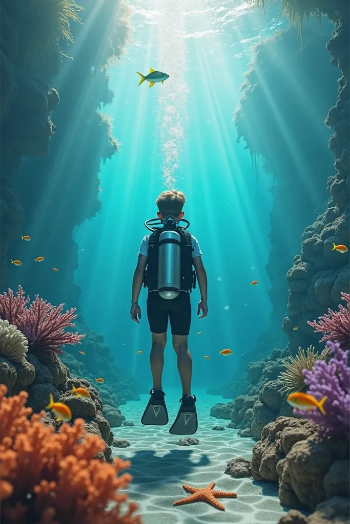 Create an immersive and realistic underwater scene of a young diver exploring the ocean floor, View from inside the water. The diver must be positioned in the center or slightly to the left of the image, wearing modern diving equipment (mask, oxygen cylind...