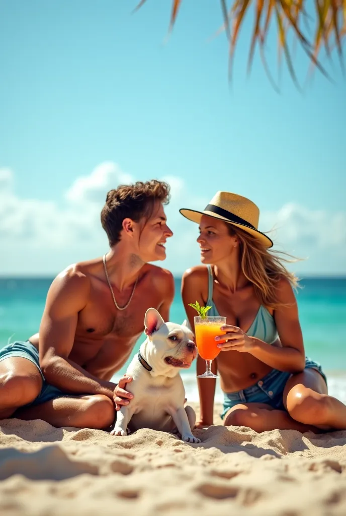 This happy couple on a summer beach in August happy with their light fawn French bulldog dog drinking exotic drink real photography