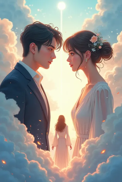 I want you to generate an illustration about the manhwa of lost in the cloud that Skylar and Cirrus are deeply in love with a woman who is in the middle of the two and their attention is focused on that woman.