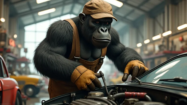 Working in an auto body shop, wearing work clothes, cute
Gorilla