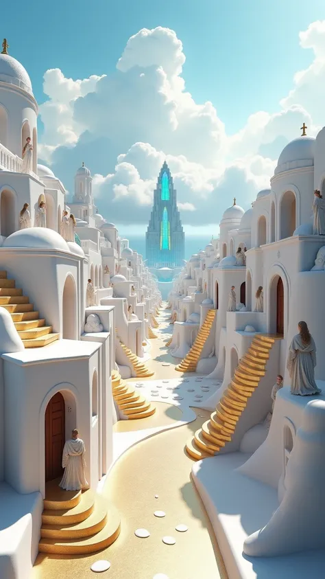 A **majestic celestial city**, inspired by **ancient Greek architecture**, flutters above the **endless sky**. Built upon **smooth, cloud-like white terrain**, its **pristine white stone buildings**, with **arched doorways, domed rooftops, and elegant colo...