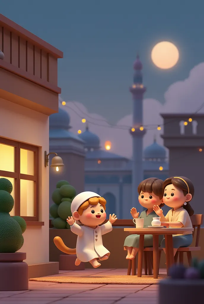 A light beige chibi cat in a cream-colored kurta and white prayer cap rushes excitedly up the stairs to his family's rooftop, holding a small bag of dates and bread. His family is already seated at the table, waving at him with smiles. The city around them...