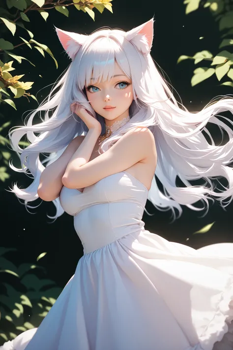 (masterpiece, best quality, highly detailed, anime style), 1girl, white cat girl, white dress, fluffy furred cat ears, only animal ears, realistic feline ears on top of her head, long fluffy hair covering the sides of her head, side bangs covering ears, ho...