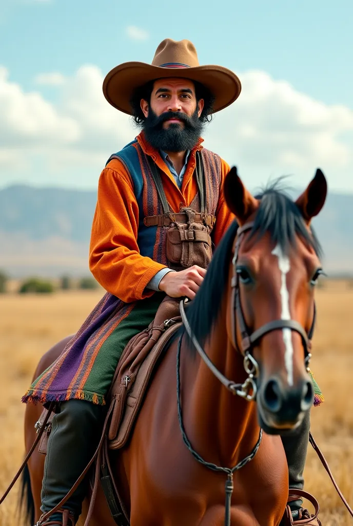 Uruguayan Creole Gaucho with hat and beard and funny face on a horse
