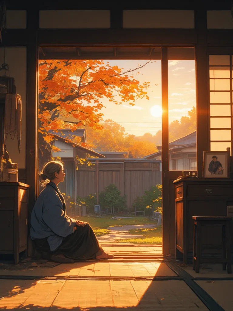 A fragile old lady sitting on the floor outside the sliding door of an old traditional Japanese house, facing outside of her house. Inside the house, there is an old picture on the cabinet of a young Japanese couple. Outside the house, is a small fenced ga...