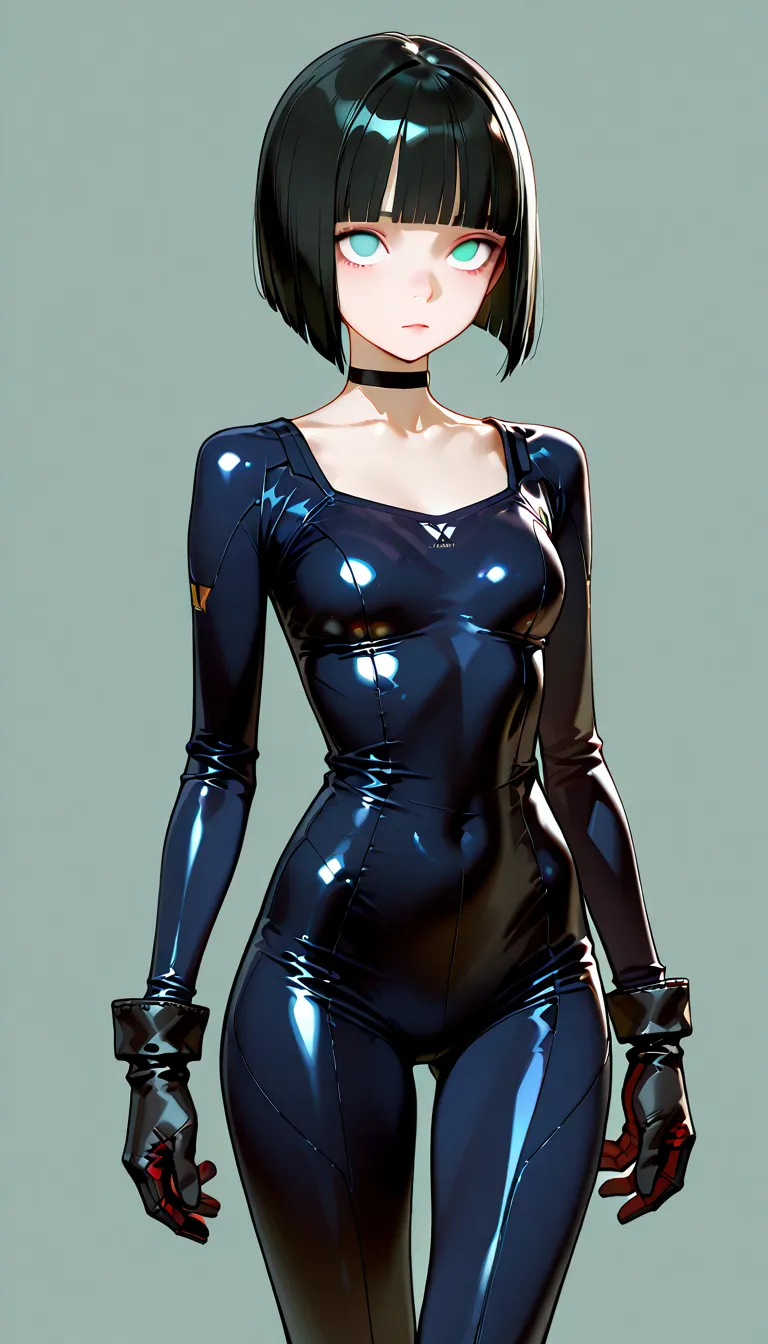 valeria, neutral, expressionless, standing, looking at viewer, (((blunt cut, bob, blunt bangs, bob cut, wiry))), gloves, black choker,cowboy shot ,empty face, skin tight, rolling eyes, no pupils, 1girl, solo