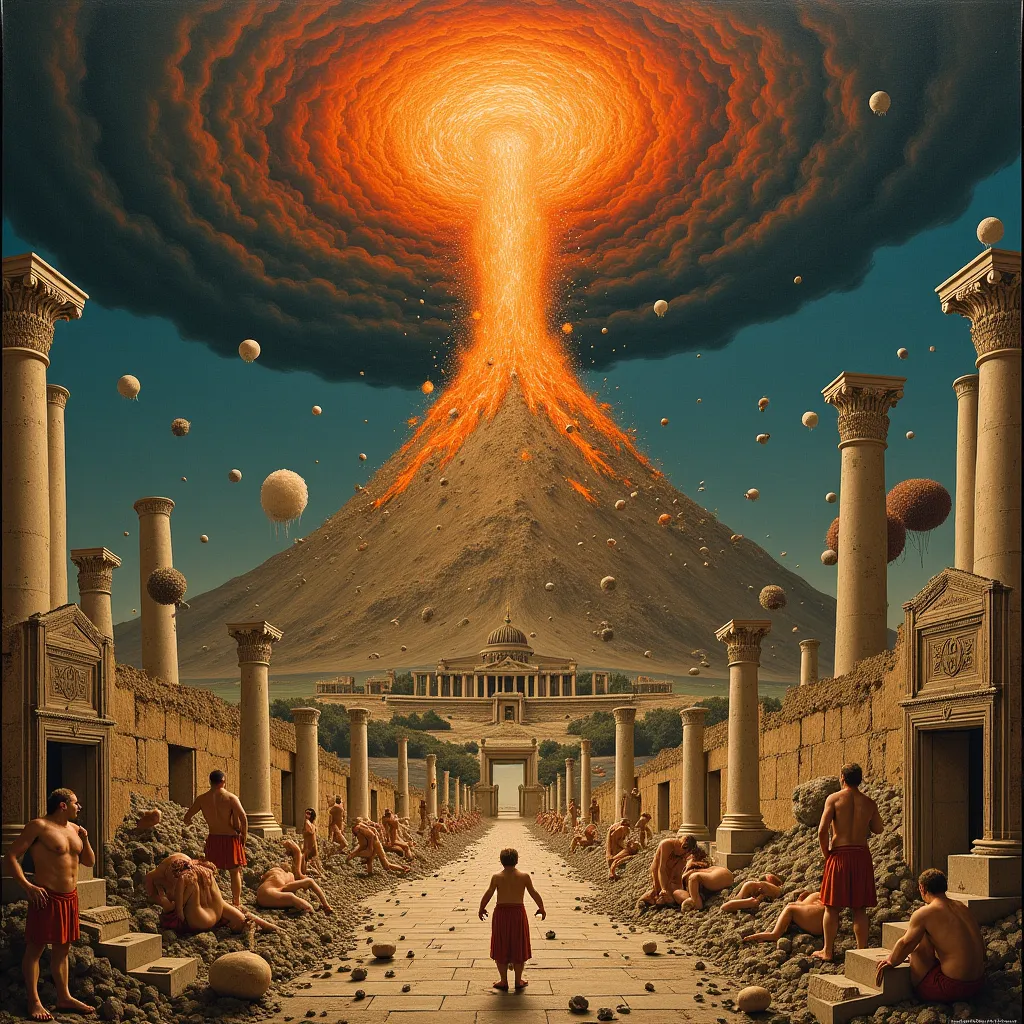 Please create a cover artwork about Pompeii Vesuvius eruption debris destruction Symmetrical in the style of Hieronymus Bosch