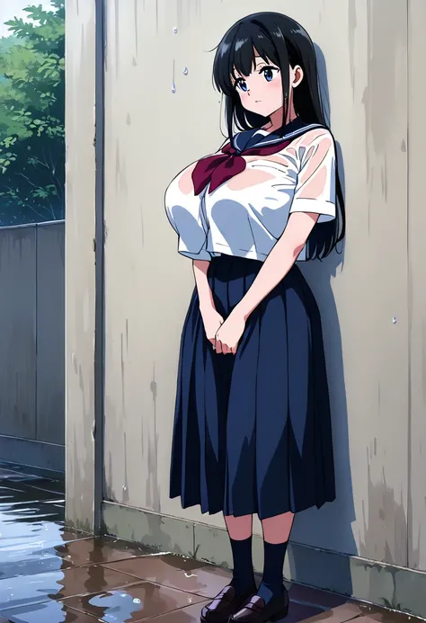 Japanese Magazine Cover, Japanese Girl , ,( Wearing school uniform,,),(  huge saggy breasts:1),，  Full Body ，Wet,  at school，Waiting for someone else，Rainy Day，leaning on a wall