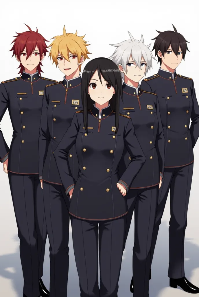 A black haired  female with five  male with red hair, blonde hair, black hair, white hair and brown hair in their uniforms