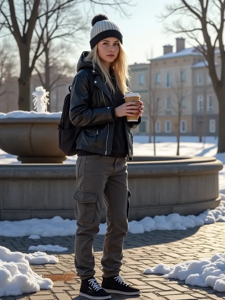 В стиле игры Life is Strange. Sunny spring. Moscow park. There are puddles on the ground and some snow. A young blonde woman. She is wearing dark-grey cargo-pants, black sneakers, a black leather jacket, warm white hoodie, and a black knitted wool hat. She...