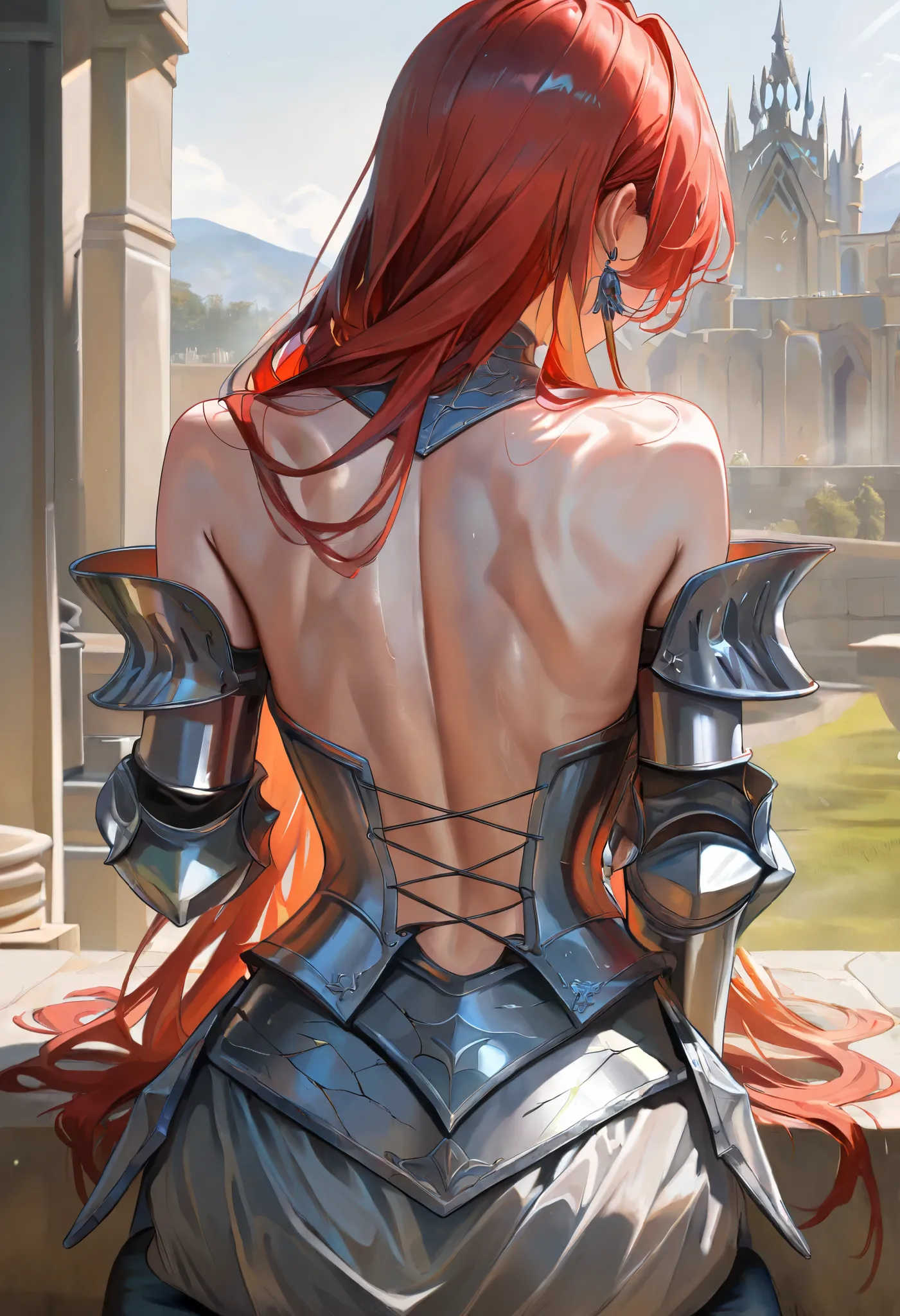 1girl, (artist: mikan03 26), back shot, cowboy shot, BREAK 1girl, sitting, long hair, red hair, hair intakes, earrings, natural skin female, skinny femame, large breasts, Full plate armor, outdoors, palace, masterpiece, best quality, amazing quality, very ...