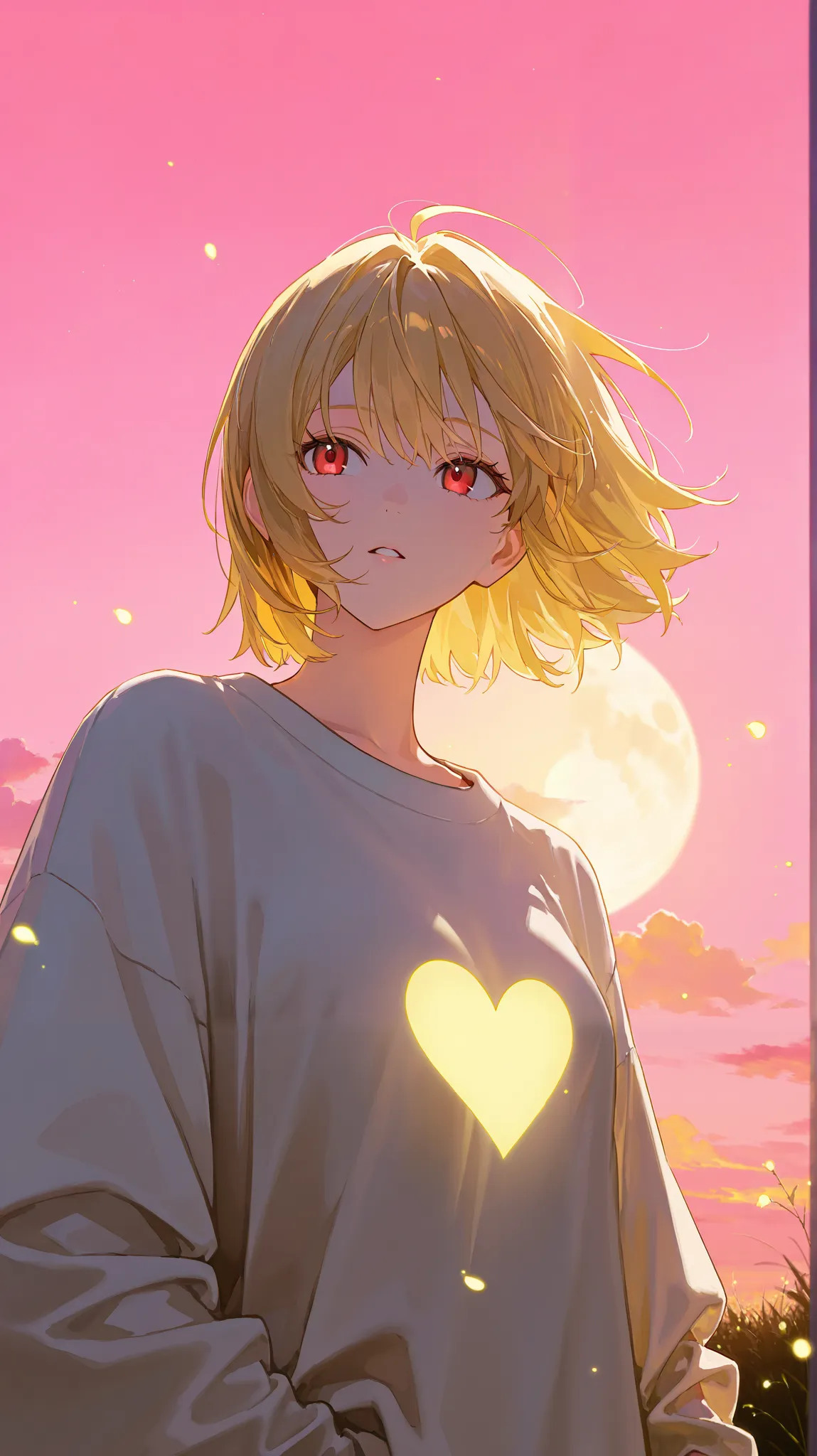 1girl, blonde, light golden hair fluttering in the wind, dark brown with red eyes, red dark brown eyes, Girl in a white voluminous sweatshirt, holding golden light, a bunch of golden yellow energy in the shape of a heart, light in the palms, shine, raised ...