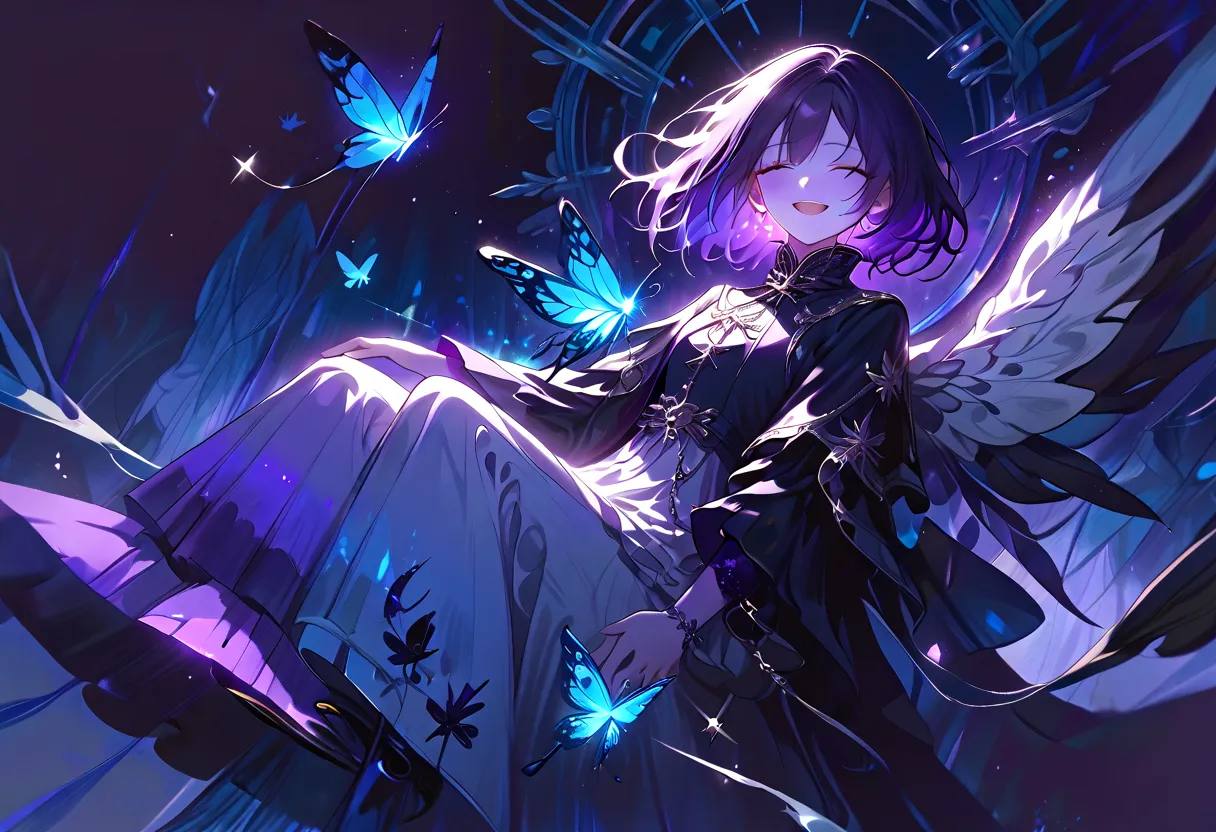 one girl、short hair、 dark hair、Purple,青色dip-dye hair、Purpleの瞳、smile、 soft atmosphere、blue crystal、Blue light、Feather、Sparkle、full body,butterfly、facing diagonally、has an open mouth、close eyes