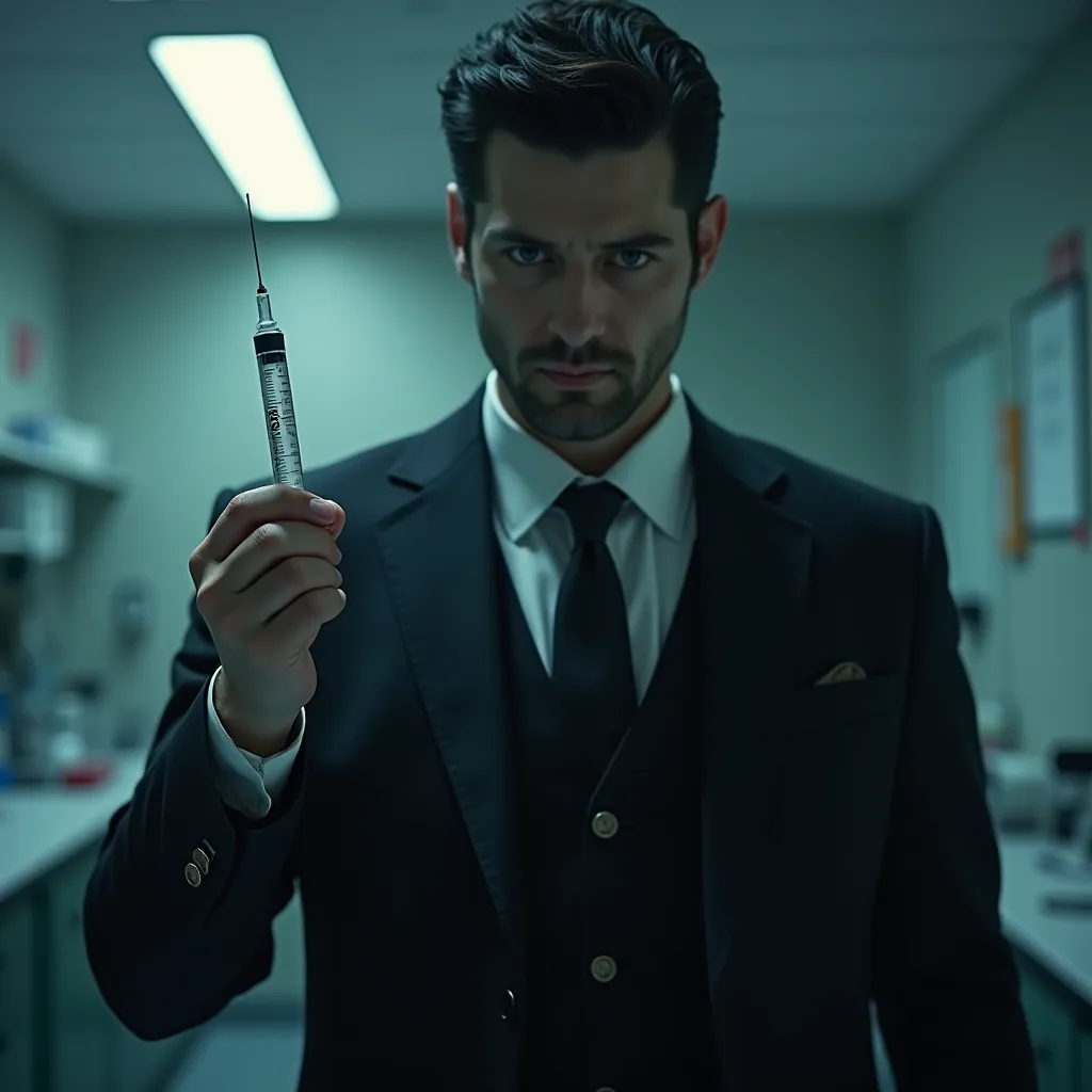 In the background a laboratory, A man dressed in a 3-piece suit and black tie has dark hair, penetrating dark eyes, carries a needle for injection in his right hand  