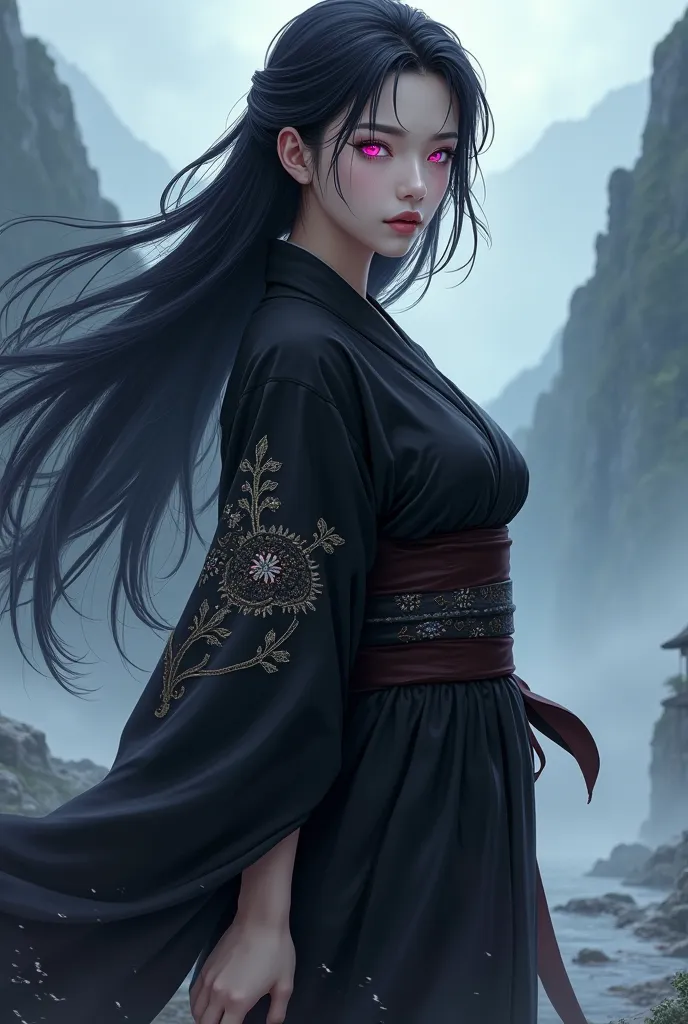 Create a female Demon Slayer anime character with long black hair and pink eyes wearing a black kimono