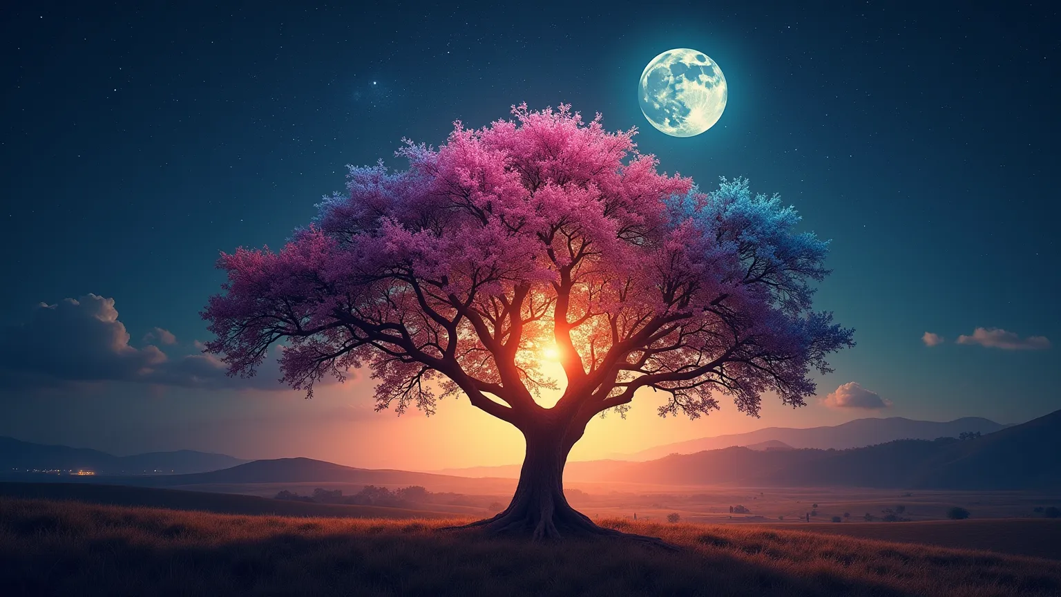 Create a wonderful image of the full Moon on the sky horizon, Colored with beautiful colors and a splendid evening of a tree of the human species with representatives of all human races, a paradisiacal forest created by God's hands.