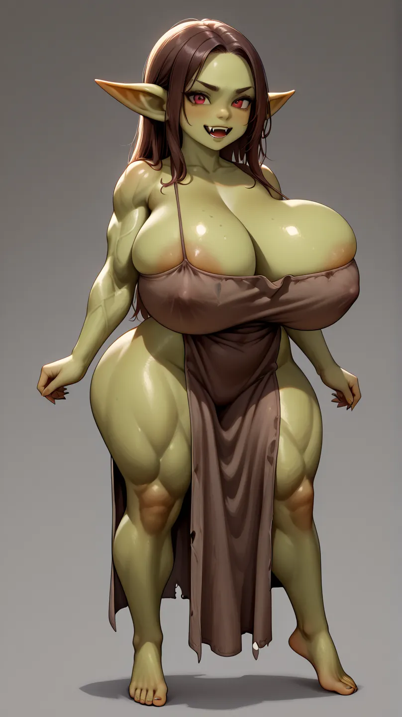  a girl, Alone, high resolution, woman goblin, green skin, Pointy ears, fangs, muscular body, giant breasts, big boobs, Dressed in rags, Sexy rags, full body, wide hips 