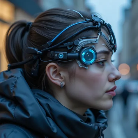 Masterpiece cybertechnology photo, photorealistic portrait of a visually impaired slim young (((fullbreated))) woman using an highly advanced technology Brain port to be navigated through the city by constant connection to an AI. Intricate details of the o...