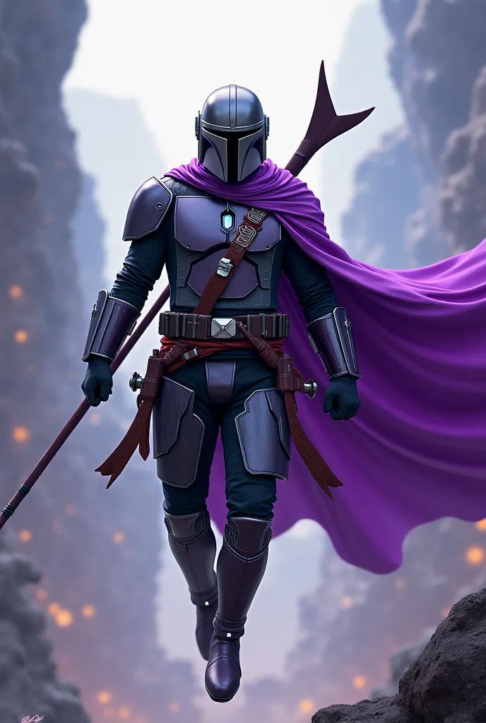 Sun wukong, Mandalorian helmet, Levitation purple Cape, jingu bang staff, black and red armor