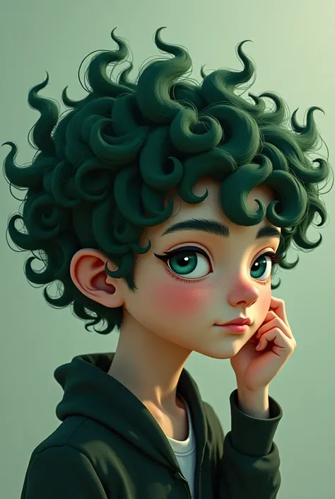 Dark green curls，The boy with m-shaped bangs holds the middle of one of the bangs，The girl with a low ponytail