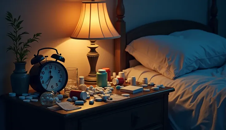 Messy nightstand piled with pill bottles, water glasses, and alarm clocks. Clock reads 3 AM, suggesting late-night struggles. Style: Domestic realism, warm nighttime hues.
