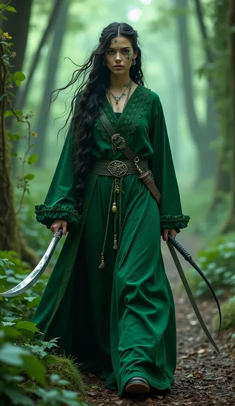 A mystical Celtic warrior draped in deep green robes, her woad-painted skin glowing under the sacred moonlight. In one hand, she grips a curved druidic blade, while the other conjures ghostly ancestral spirits from the swirling mist. Her dark braided hair ...