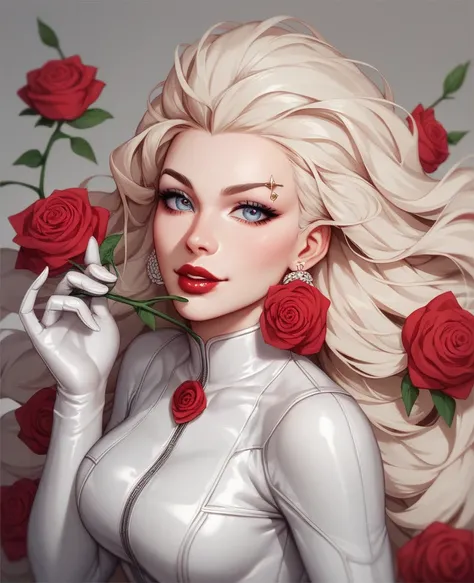  make an image of a 25-year-old young woman ,( rose ) , Has white skin, big blond hair and long in the wind Your eyes are natural,  straight eyebrow , red lips, wearing a white latex jumpsuit with a white glove and a luxurious white heel with the foot abov...