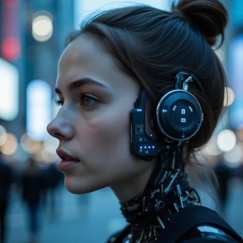 Masterpiece cybertechnology photo, photorealistic portrait of a visually impaired slim young (((fullbreated))) woman using an highly advanced technology Brain port to be navigated through the city by constant connection to an AI. Intricate details of the o...