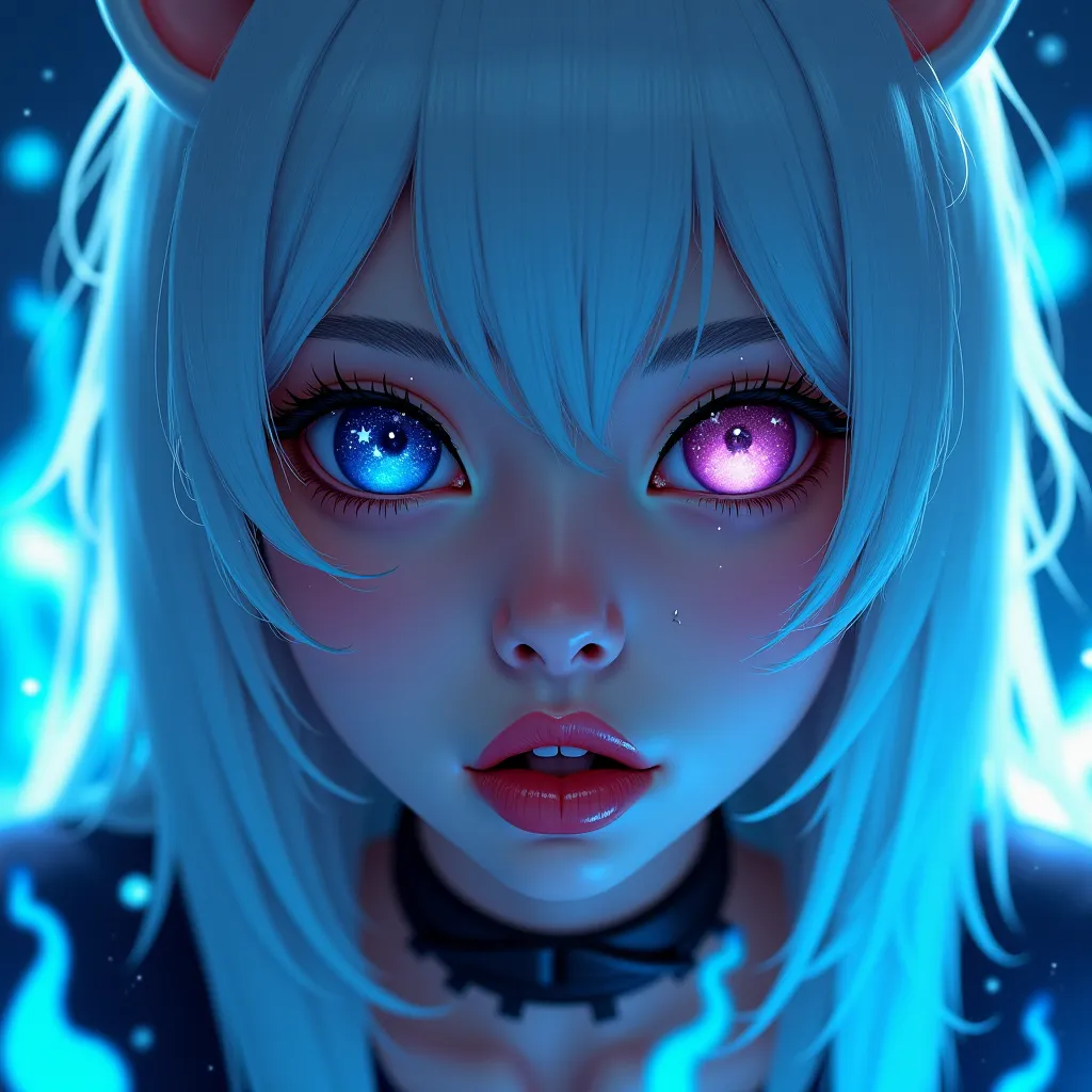 woman, face close-up, right eye blue, left eye pink, eyes reflecting stars, close-up of eyes, dark lips, tattoo, big lips, choker, serious expression, long white hair, white cat ears, long black nails, leans forward, serious, flying blue flames, blue swirl...