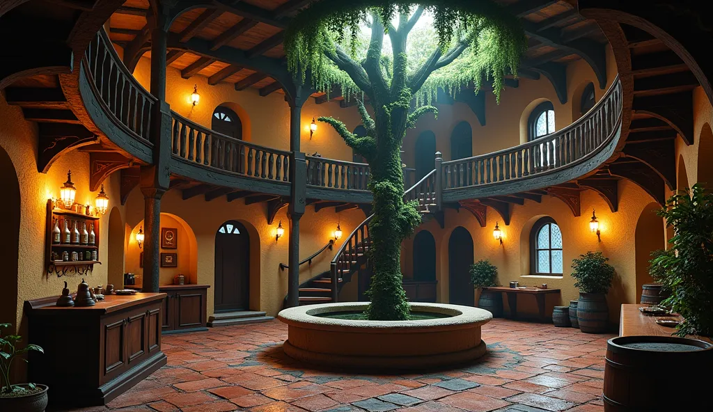 fantasy tavern. cozy ambiance. circular floor plan. in the center of the floor is an ancient ivy-covered well, with spiral stairs around it leading to the upper floor balcony, which the inn's rooms overlook. Plastered walls interspersed with wooden beams a...