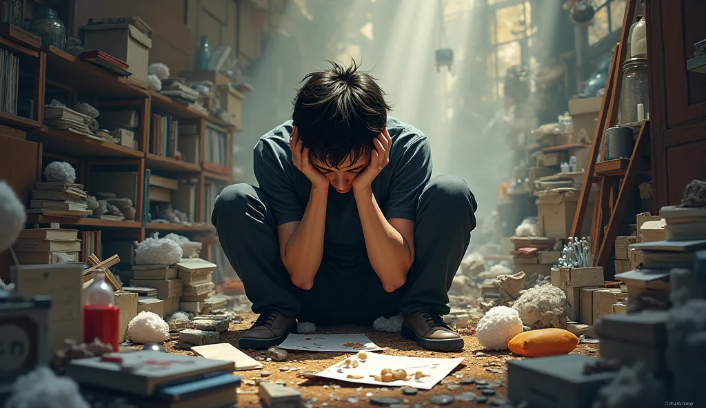 Person sitting amidst the clutter, head in hands, overwhelmed by the sheer number of options. Facial expression conveys frustration. Style: Relatable, empathetic portrayal.
