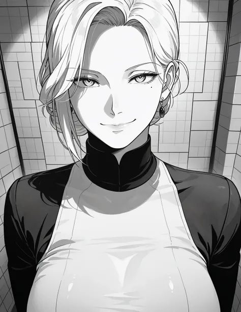 nsfw_manga_style, line art, Black and white, gray scale, monochrome, Miniature painting, Screen-tone, High Contrast,1 mature woman, a bewitching MILF, solo, 30yo ,face only, face focus, look up, looking down at the viewer, Stinky eyes, smirk, perfect beaut...