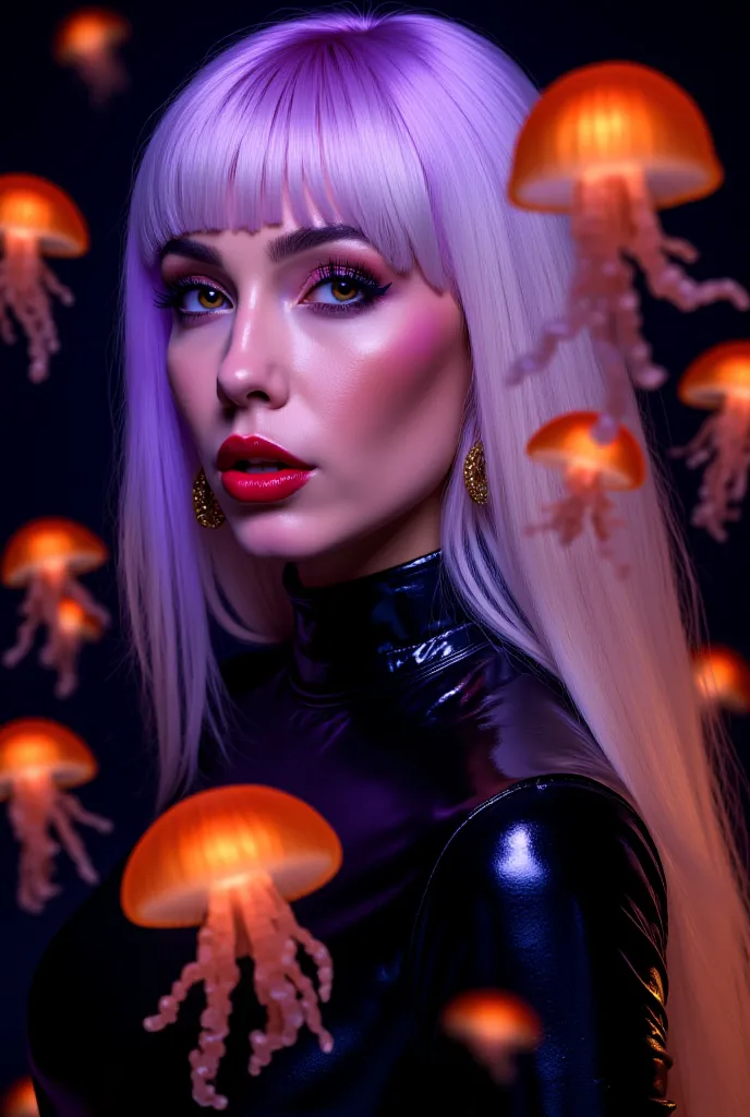 A dark, almost completely black environment contrasts with small, bright, translucent jellyfish in shades of orange, pink and blue. The jellyfish appear to be floating around the woman, creating a surreal and futuristic effect. The woman is wearing a dress...