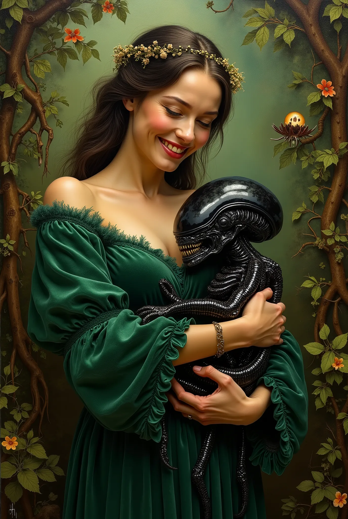 Enchanted smiling woman in a green velvet dress cradling a slimy baby black Xenomorph . An oil painting by Hieronymus Bosch , proper cradling.
