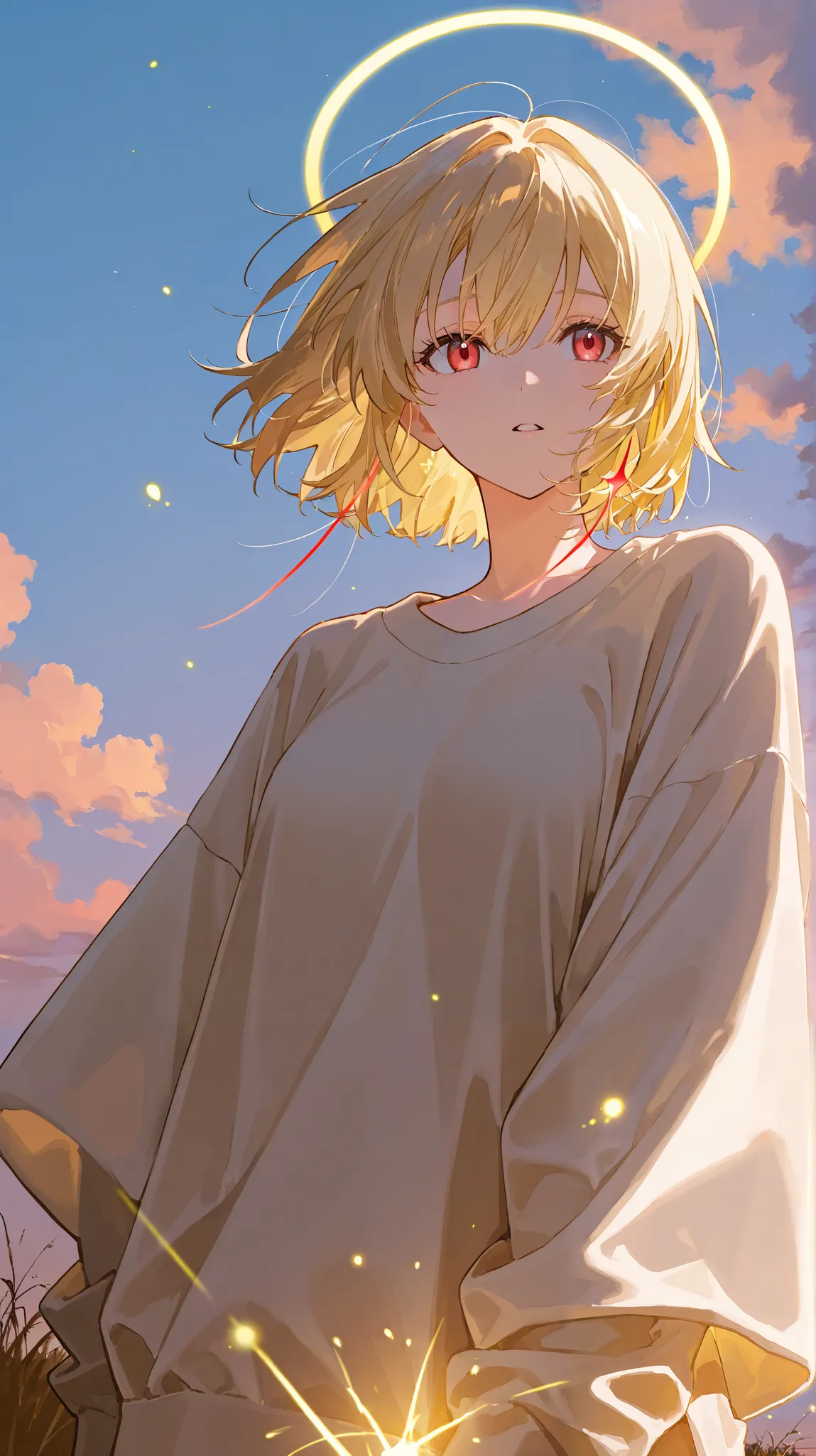 1girl, blonde, light golden hair fluttering in the wind, dark brown with red eyes, red dark brown eyes, Girl in a white voluminous sweatshirt, holding golden light, a bunch of golden yellow energy in the shape of a heart, light in the palms, shine, raised ...