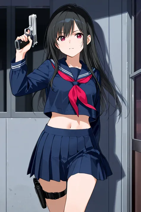 a girl wearing short serafuki that end above midriff with a mini-skirt. a thigh holster on her leg. she is holding  the pistol with both hand. pointing the pistol upward