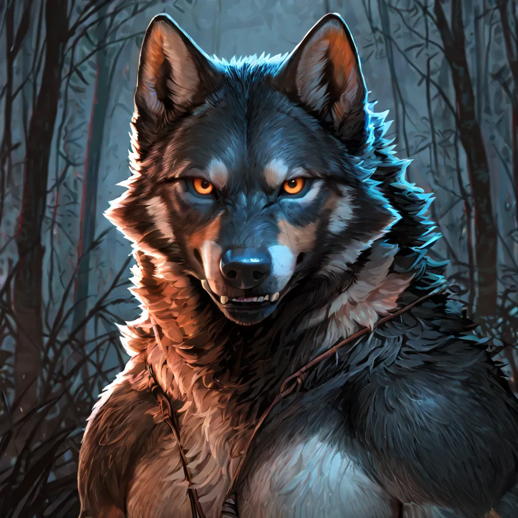 High Resolution, Anatomically Correct, Masterpiece, Best Quality, High Quality, anthropomorphic werewolf, werewolf, maned wolves wolf, black fur, white fur, orange fur, deep blue eyes, tribal accessories, no shirt, friendly expression, headshot, portrait.