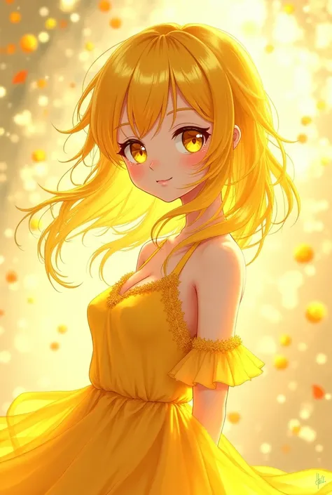 Create a female anime girl  who is  and 1,35 tall she should have topaz yellow hair golden eyes and eik topaz wear yellow outfit