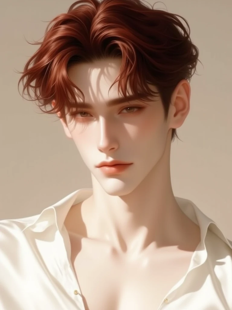 A young Korean male idol with deep red hair styled in a soft, wavy Korean undercut, with delicate strands framing his sharp yet refined facial features. His deep brown eyes gaze gently into the camera, filled with quiet intensity. Tulang pipinya yang tingg...