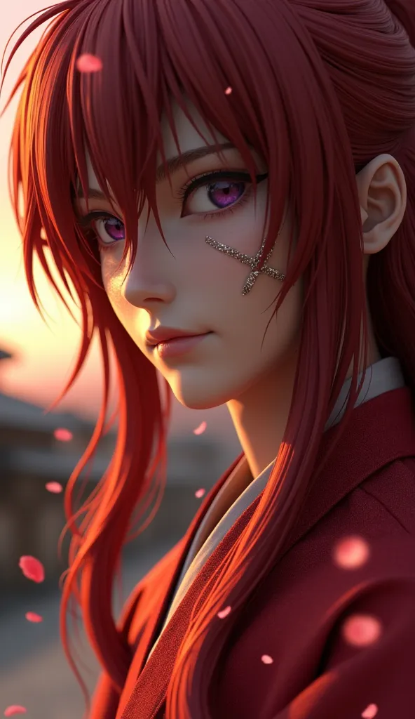 "A hyper-realistic 3D close-up of Himura Kenshin from Rurouni Kenshin, capturing his calm yet deadly presence. His iconic long, crimson-red hair is finely detailed, with each strand realistically falling over his face, some slightly lifted by the wind. His...