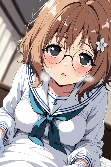 reia_kosu,1 female,solo,pretty,
ohana_matsumae,

short hair,brown hair,hair ornament,
flower,hair flower,stupid hair,long hair,
colored inner hair,

black eyes,big eyes,slant eyes,sleepy eyes,
long eyelashes,silver-rimmed round glasses,

extreme close-up u...