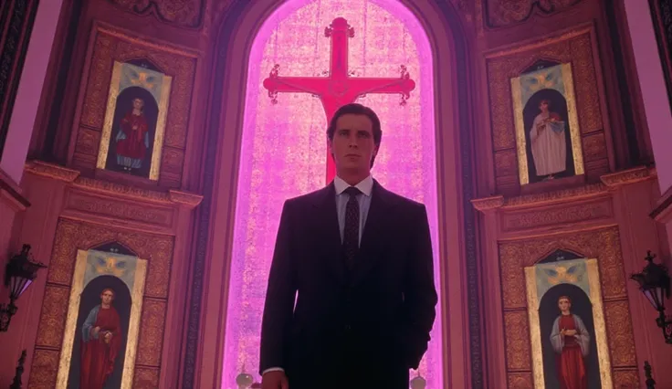 American_Psycho is a man in a 80s suit. He stands and looks at the neon synthwave sky, orthodox christian art with orthodox russian christian cross