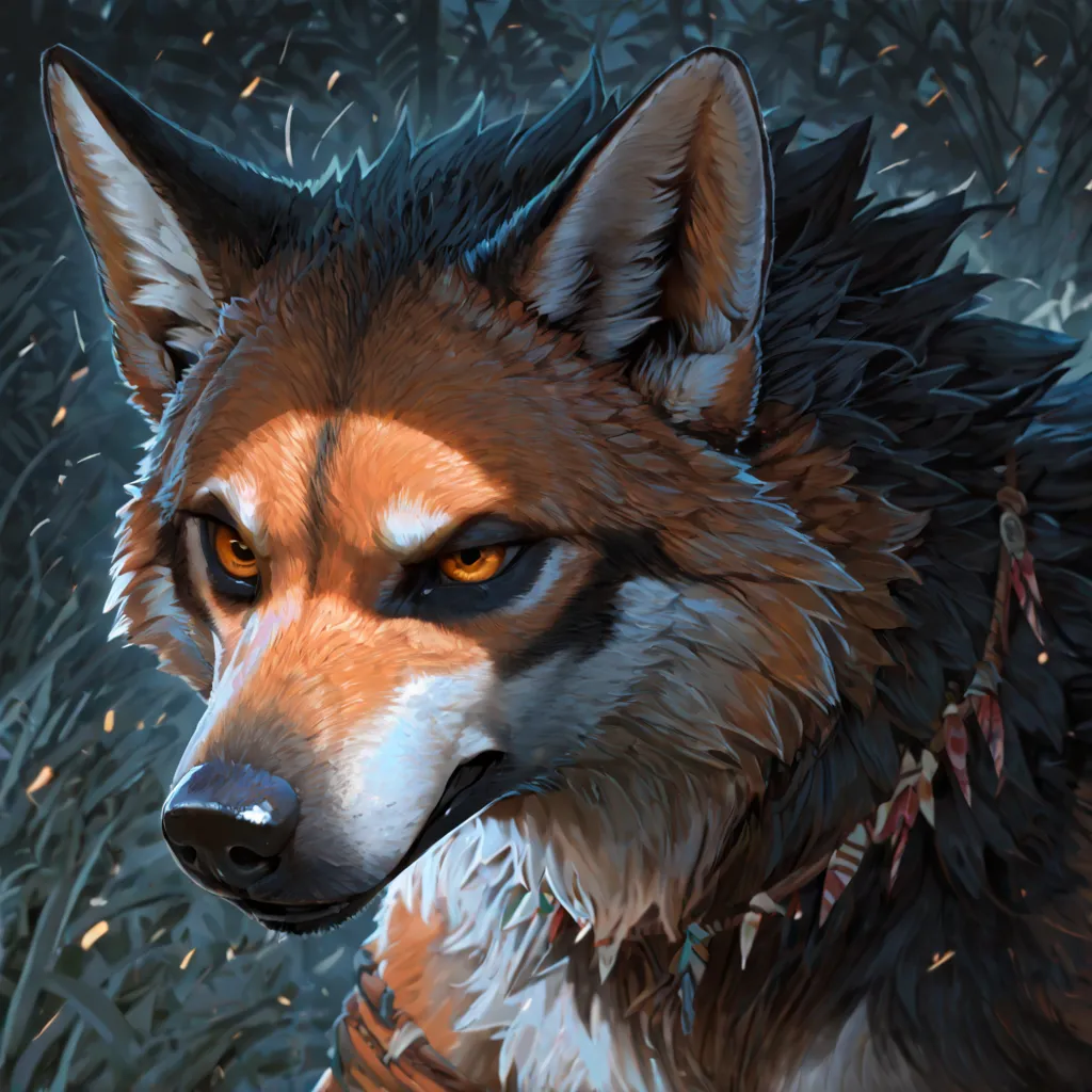 High Resolution, Anatomically Correct, Masterpiece, Best Quality, High Quality, anthropomorphic werewolf, werewolf, maned wolves wolf, black fur, white fur, orange fur, deep blue eyes, tribal accessories, no shirt, friendly expression, headshot, portrait, ...