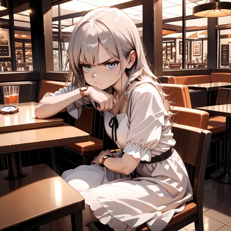 Waiting for Someone,wfpdw, restaurant, 1girl, white dress, sitting, on chair, at table, wristwatch, waiting, annoyed,pout,disgust,