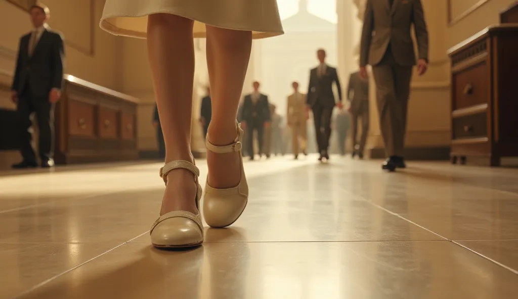  cinematic close-up shot of the elegant legs and feet of a stunning blonde woman walking gracefully through a vintage 1930s Parisian train station. Her legs are long and shapely, clad in silk stockings that shimmer subtly under warm golden lighting. She we...