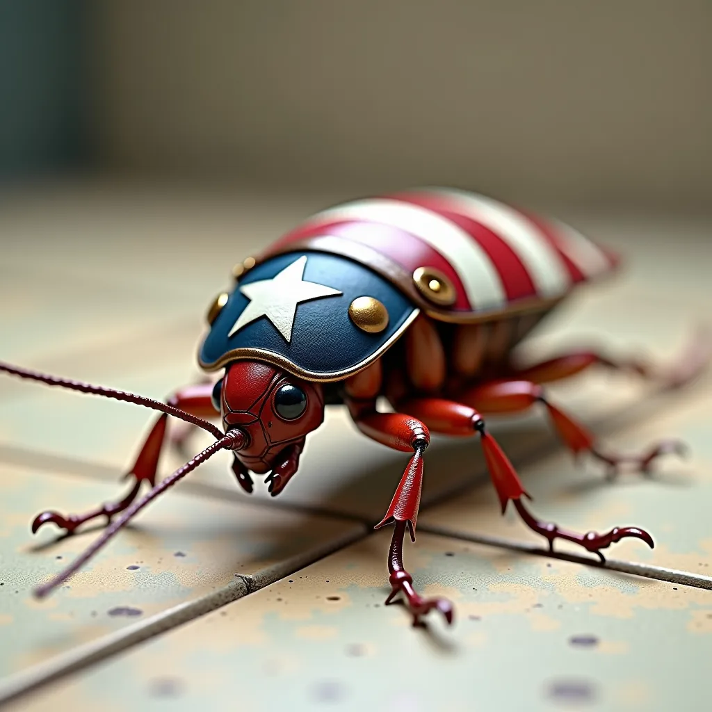 Create a Realistic image. A real Cockroach covered with Captain America's Blue, Red and White color costume design, on the floor.